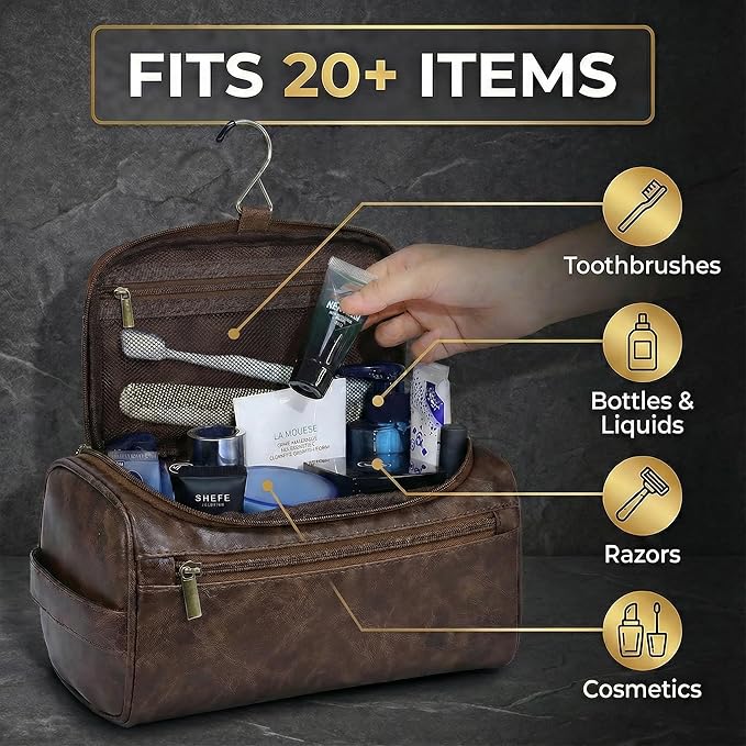 Men’s Hanging Toiletry Bag, Large Capacity Travel Dopp Kit Organizer for Business Trip – Waterproof Shaving Bag Multi-Compartment Storage for Grooming Essentials, Bathroom & Gym (Coffee)