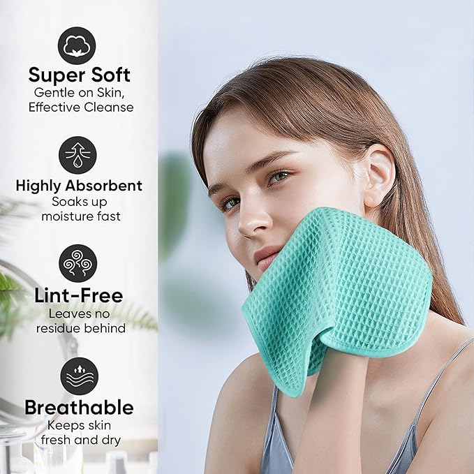 Microfiber Waffle Face Towels, 4 Pieces, Soft, Absorbent, Fast Drying, Lint Free 430 GSM (Turquoise)