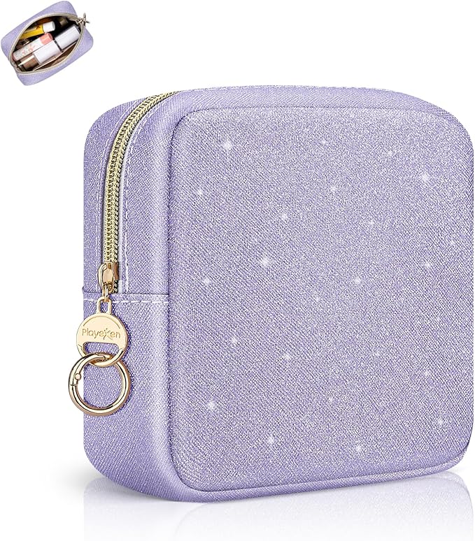 5.7" Small Makeup Bag, Glitter Cosmetics Bag for Purse, Portable Small Travel Makeup Pouch with Ring Buckle (Purple)