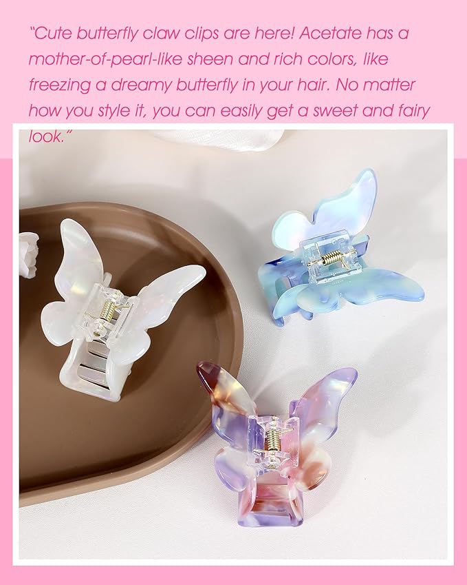 NAISIER Hair Clips, 3 Pack Butterfly Hair Clips Tortoise Shell Hair Claw Clips Jaw Clips 2.3 inch, Hair Accessories for Girls & Women (Mixed color, Blue, White, Pink-Purple)