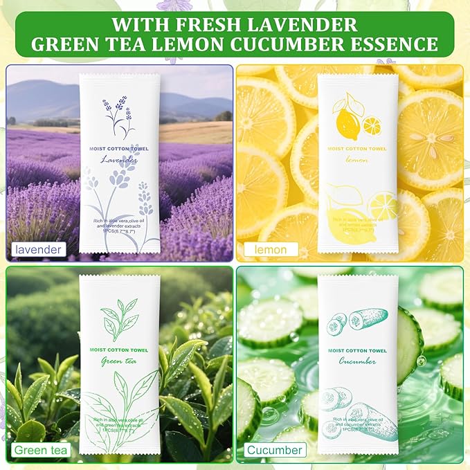 Moist Cotton Towel Bulk Moist Towelettes Individually Wrapped,White Towel Services,Refreshment Pre Moistened Towels for Dentist Travel Sport Party Hotel 20，Lavender,Green tea, Lemon and Cucumber