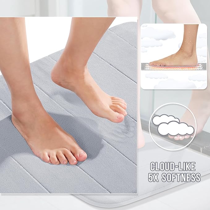 Yimobra U-Shaped Toilet Bath Mat Set 2 Piece - Super Soft Absorbent Quick Dry Memory Foam Bathroom Rugs, Machine Washable Non Slip Floor Carpet for Tub Shower & Single Sink (17x24 & 24x20, Silver)