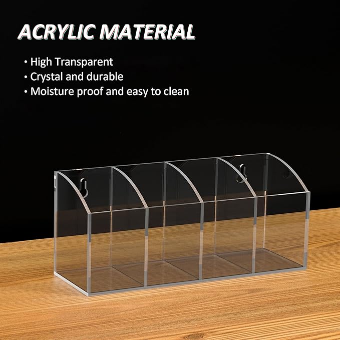 Acrylic Pen Holder Organizer 4 Compartments, Clear Makeup Brush Holder, No Drill Wall Mounting Pencil Holder for Office Accessories