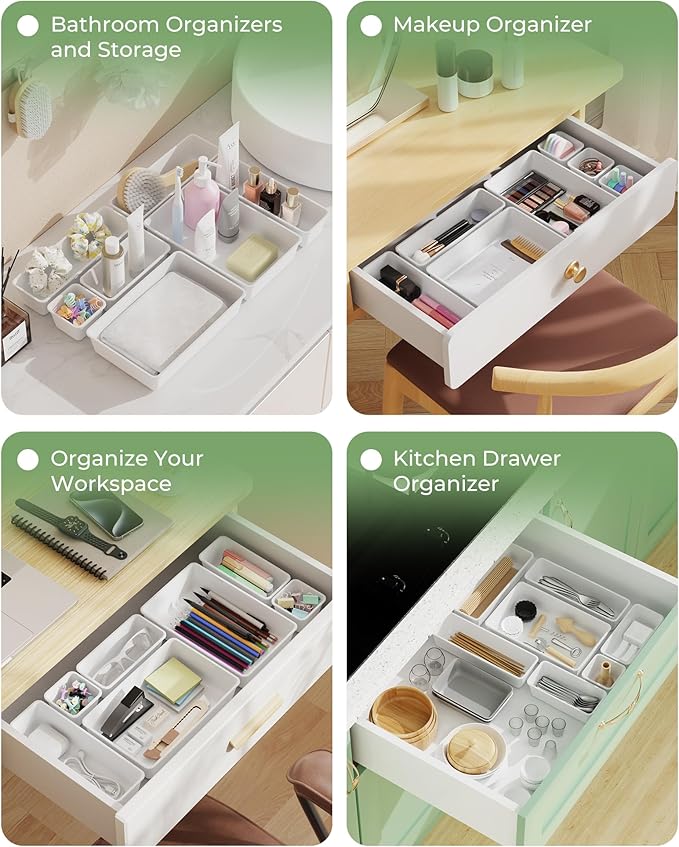 25 PCS Plastic Drawer Organizers Set, 4-Sizes Vanity and Makeup Organizer, Desk and bathroom Drawer Organizer Trays, Organizers and Storage for Makeup, Jewelry, Gadgets, Utensils (White)