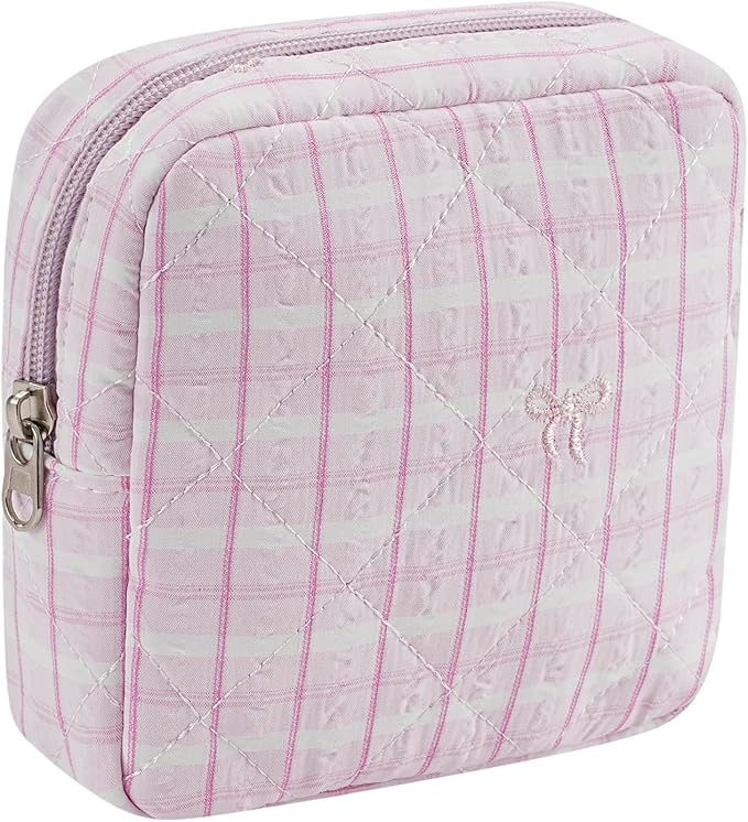Small Quilted Striped Cosmetic Pouch for Purse, Mini Cotton Makeup Bag with Compartments, Cute Zipper Lipstick Holder for Women (23 Pink Stripes)