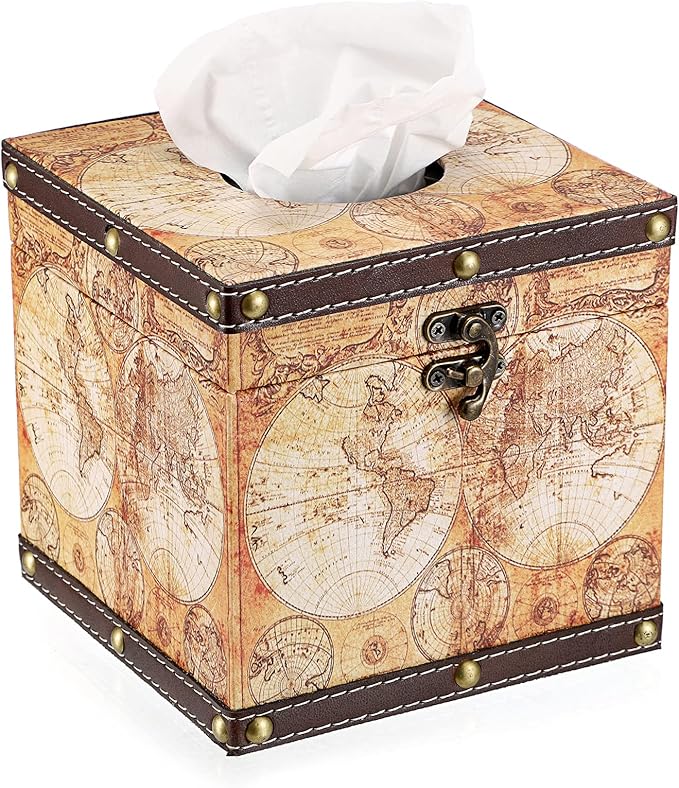Sumnacon Retro Wood Square Tissue Box Cover - Vintage Cube Tissue Box Holder, Decorative Facial Tissue Holder for Bedroom Bathroom Dresser Night Stand Table Car Store Office Home Decor, Yellow