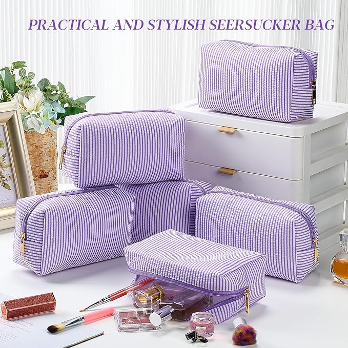 Sanwuta 6 Pcs Seersucker Cosmetic Bags Bulk Seersucker Makeup Bags Stripe Women Pouch Large Preppy Storage Pouch Toiletry Travel Organizer for Wedding Bridesmaid Bride Favor Mom Gift (Purple)