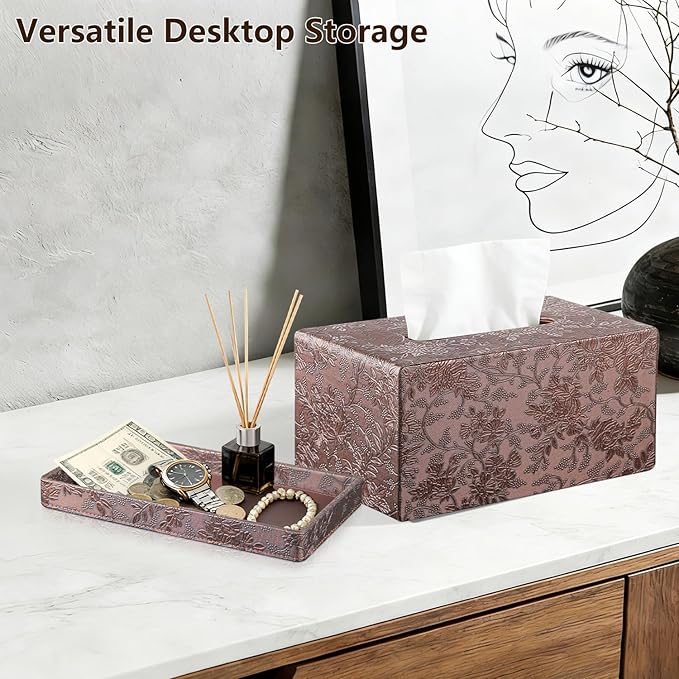 Fanousy Large Tissue Box Cover Rectangle with Tray on Top, PU Leather Facial Tissue Holder with Storage, Fits 230-Count Family Size Kleenex, Modern Nightstand Organizer for Bathroom Office Home Decor
