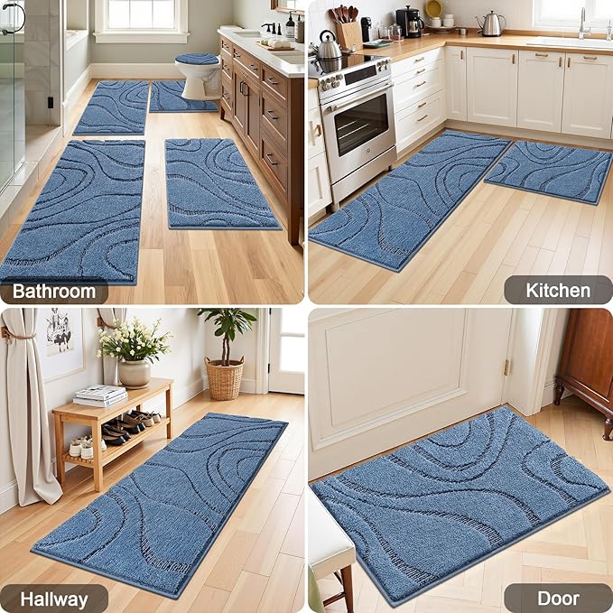 HEBE Bathroom Rugs Sets 5 Piece, Soft Absorbent Microfiber Bath Mat for Bathroom, Non Slip Washable Bath Rug Set with Toilet Cover, Bath Runner and U-Shaped Contour Toilet Rug, Dark Blue