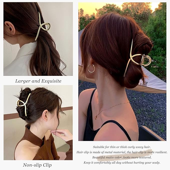 Hair Claw Big Shark Hair Barrette Clamps - Strong Hold Metal Barrettes for Women and Girls, Large Hair Accessories 3 Pcs (Matte Silver, Gold, Rose Gold)
