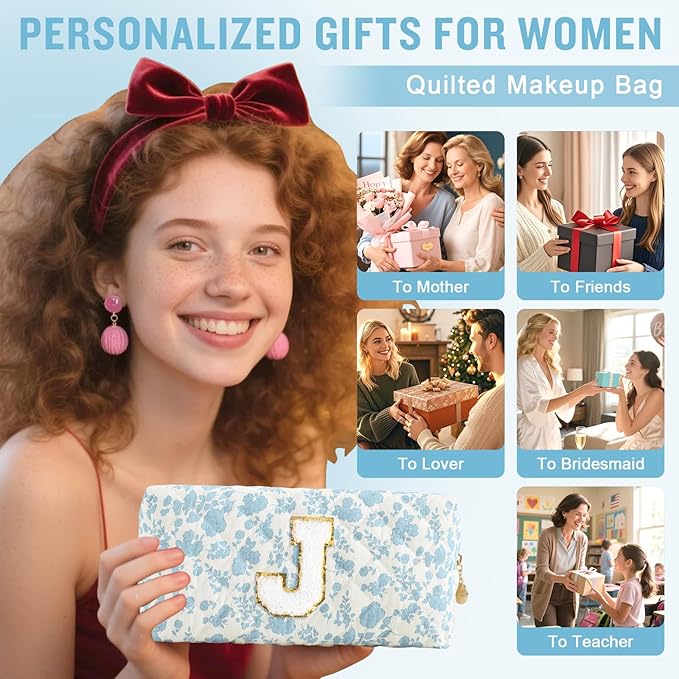 Personalized Quilted Cosmetic Bag, Puffy Monogrammed Christmas Birthday Gifts for Women & Girls, Cute initial Floral Makeup Bag Puffer Coquette Bag, Aesthetic Travel Toiletry Zipper Pouch(Blue,J)