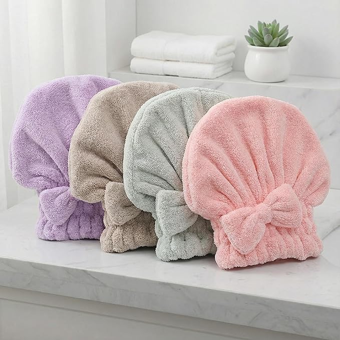 Microfiber Hair Towel Wrap for Women, Quick Drying Anti Frizz Hair Turban with Bow, Super Absorbent Hair Drying Cap for Curly Thick Damaged Hair, Lightweight Travel Essential (One Coffee + One Green)