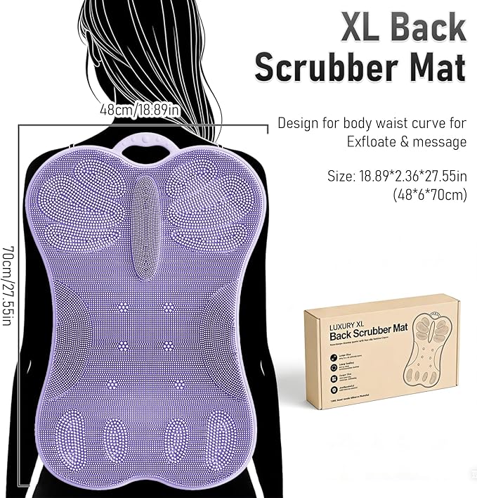 Back Scrubber Body Bath Cushion for Tub Bathtub with Back Lumbar Ergonomic Support, Silicone Extra Large Thick Soft Seat Pad Non-Slip Suction Cups, Relaxing Spa Exfloating Scrubber Mat Purple
