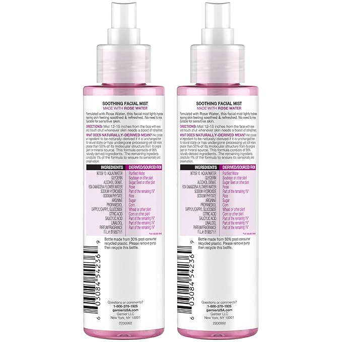 Garnier Facial Mist Spray with Rose Water, 4.4 Fl Oz (130mL), 2 Count (Packaging May Vary)