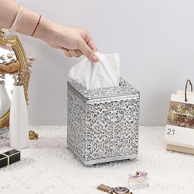 Sumnacon Tissue Box Cover Square Tissue Box with Lid, Metal Tissue Box Holder Stylish Tissue Cover Cube Tissue Box Cover for Bathroom Toilet Kitchen Table Desk Home Office, Silver