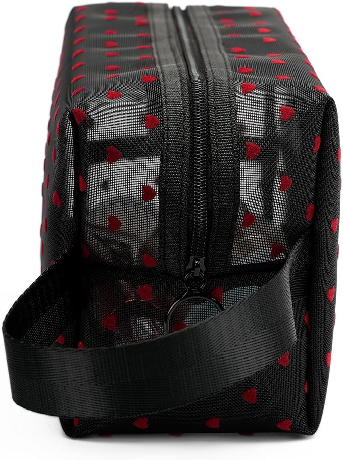 Portable Mesh Makeup Bag with Zipper Small Travel Toiletry Bag Lightweight Cosmetic Pouch (Black&Red Heart with Handle)