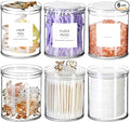 SheeChung 6-Pack Clear Stackable Qtip Holder Dispenser - Mixed (10oz & 12oz) Apothecary Jars with Storage Lids - Whole Home Bathroom Organization Set for Cotton Swabs, Balls, Pads