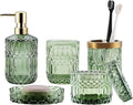 Green Bathroom Accessories Set, 5Pcs Clear Glass Bathroom Set Accessories, Soap Dispenser, Soap Dish, Toothbrush Holder Set, Tumbler, Qtips Holder for Vintage Crystal Bath Decor