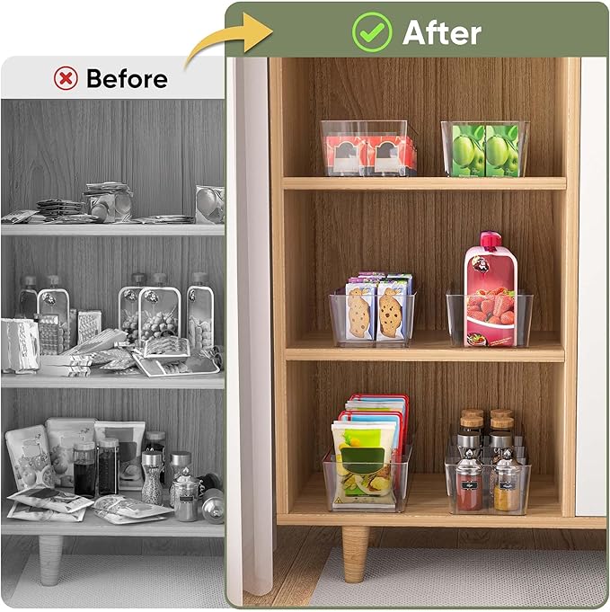 BALEINE Clear Plastic Storage Bins with 3 Removable Dividers, Pantry Organization, BPA Free Stackable Refrigerator Organizers and Storage for Kitchen Fridge Cabinet Bathroom (10.5x6.1x3.5, 2PK)