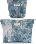 2 PCS Makeup Bag Small Cute Cosmetic Bags for Women，Floral Travel Toiletry Bag for Purse, Large Canvas Cosmetic Pouch Makeup Organizer Tool Pouch with Zipper（Blue Flower）