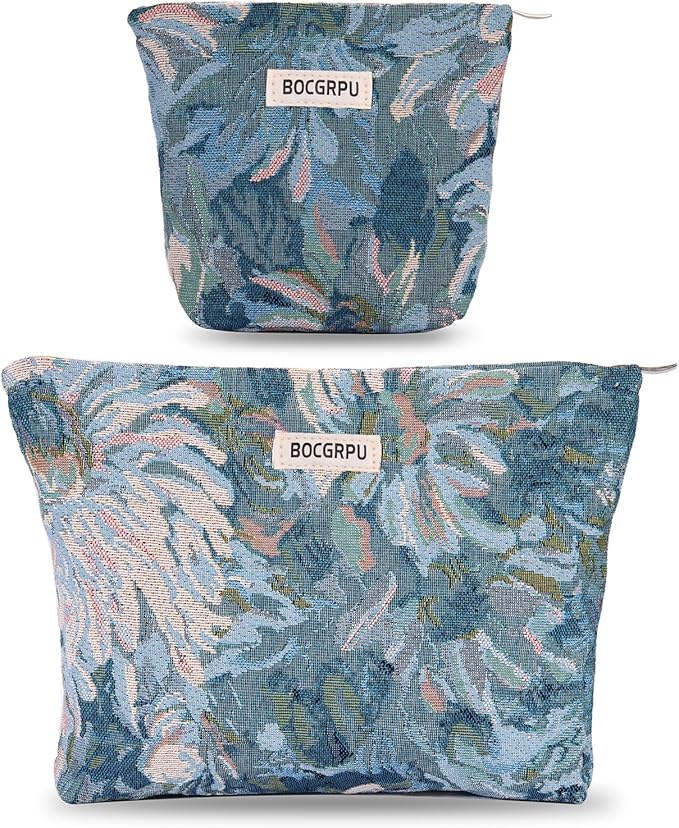 2 PCS Makeup Bag Small Cute Cosmetic Bags for Women，Floral Travel Toiletry Bag for Purse, Large Canvas Cosmetic Pouch Makeup Organizer Tool Pouch with Zipper（Blue Flower）