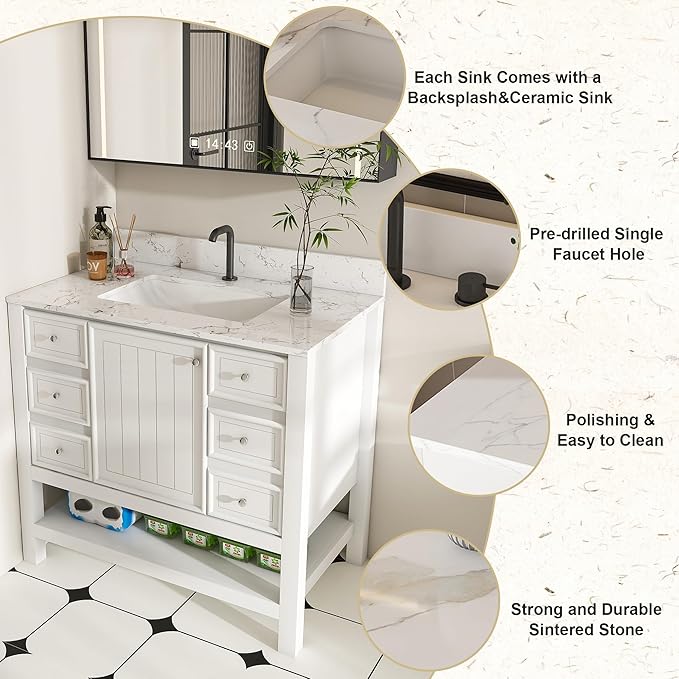 Montary 36" Bathroom Vanity with 37" Artificial Marble Carrara White Top, Modern Stylish MDF Bathroom Storage Cabinet, Freestanding Vanity Set with One Cabinet & 3 Drawers, White (Single Hole)