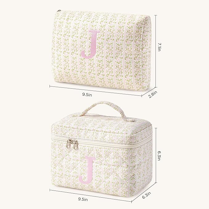 HBselect 2Pcs Initial Quilted Makeup Bag, Pink Cosmetic Travel Toiletry Bag, Flowers Coquette Zipper Make Up Pouch Organizer Teen Girl Gift Trendy Stuff J