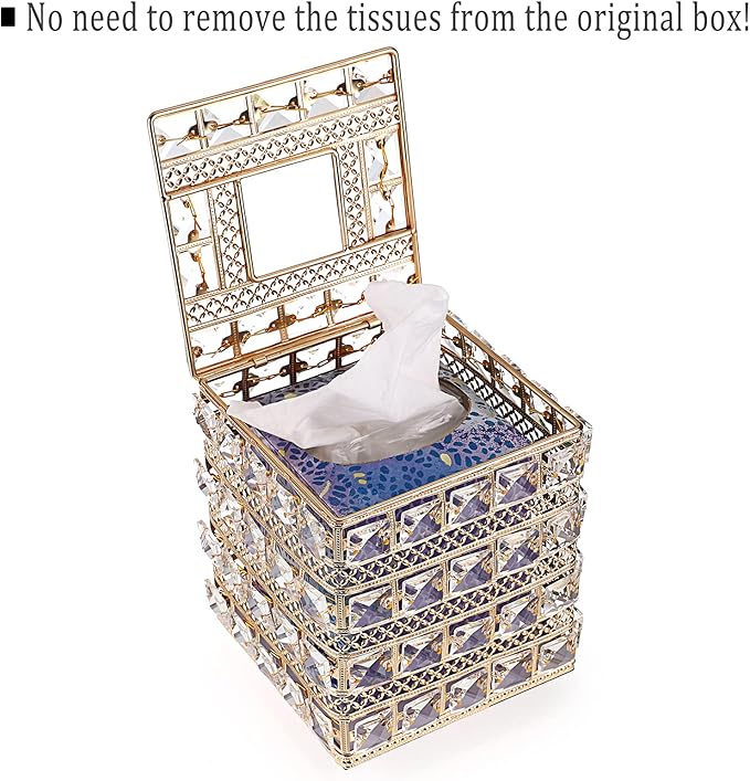 Sumnacon Crystal Square Tissue Box Cover - Sparkling Cube Glass Tissue Box Holder, Decorative Facial Tissue Holder for Bedroom Bathroom Dresser Night Stand Table Office Home Decor, Gold