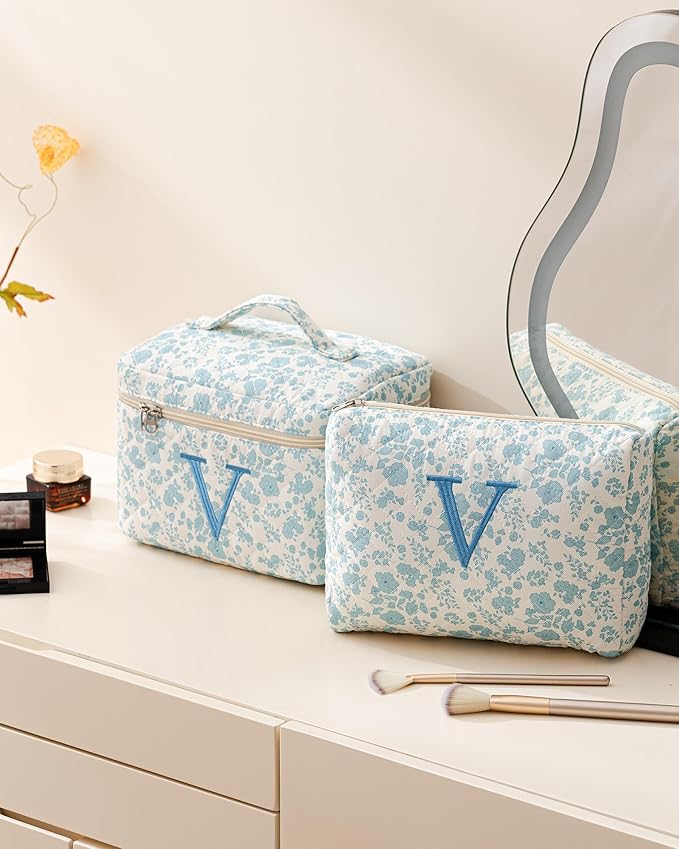 HBselect 2Pcs Initial Makeup Bag, Quilted Makeup Bag, Cotton Large Travel Makeup Bag, Cute Floral Coquette Make up Bag Cosmetic Bag Toiletry Bag for Women Girls V