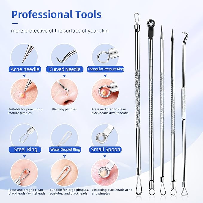 Pimple Popper Tool Kit, 7 PCS Professional Stainless Steel Blackhead Remover Comedone Extractor Tools for Removing Zit on Face - Silver