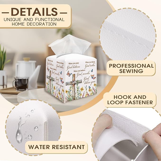 Christian Decorative Tissue Box Cover Square, Floral Napkin Tissue Box Holder, Religious Faith Gift Ideas for Family Friends, Home Kitchen Dining Table Decor-(5.2 Inches) A01