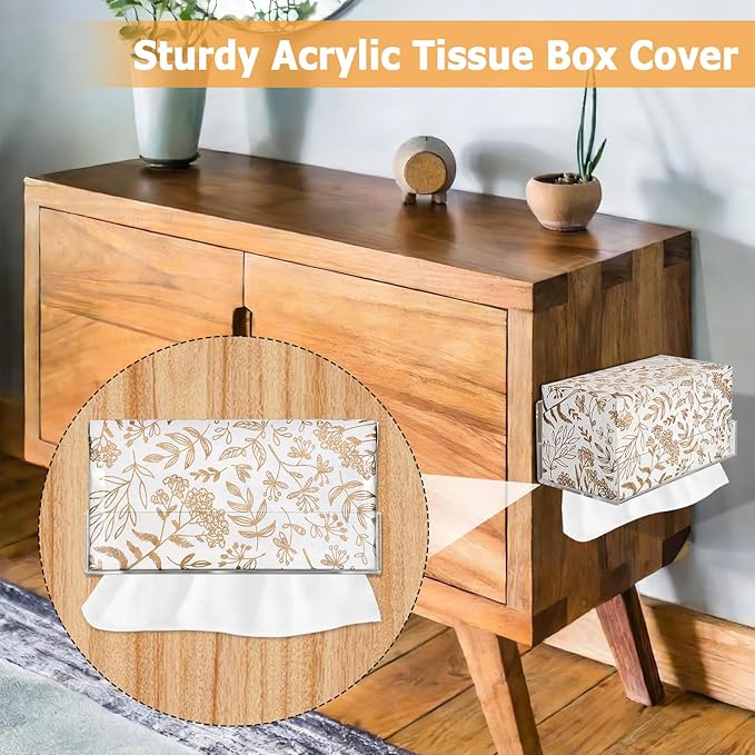 Acrylic Tissue Holder Wall Mounted, Clear Tissue Dispenser with Self Adhesive Hook and Screws, Classic Tissue Box Cover Tissues Organizer for Bathroom Toilet Kitchen Cabinet RV (Rectangular)