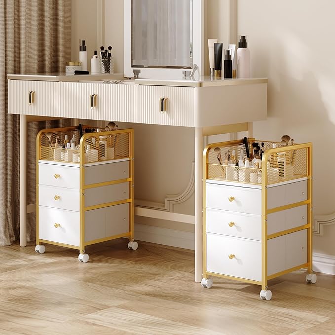 Rolling Makeup Vanity Cart, Makeup Organizer with Drawers, Rolling Makeup Bathroom Storage Cart, Cosmetic Vanity Display Cases Holder for Nail Polish Brush Hair Tool (Gold)