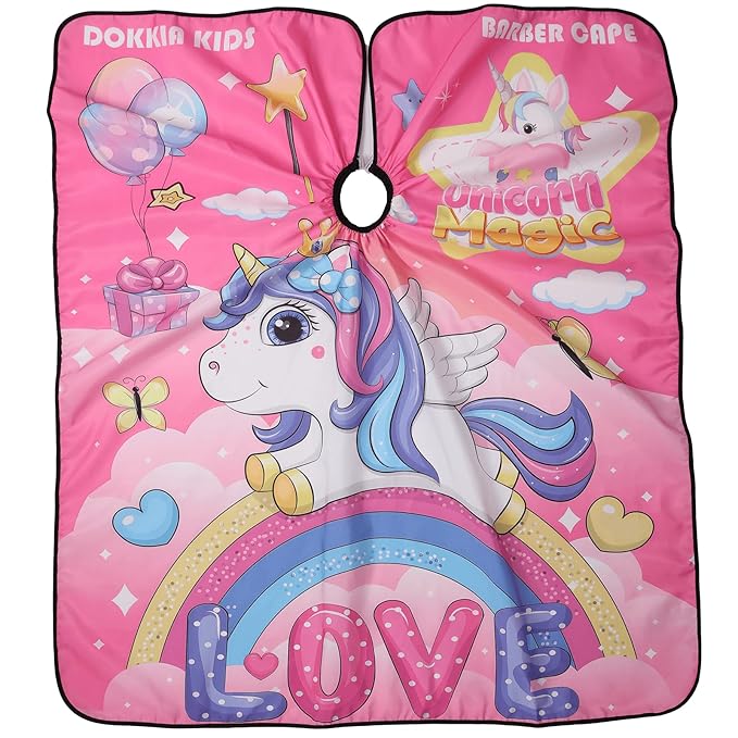 DOKKIA Barber Hair Cutting Cape Kids Children Toddler Boys Girls Hairdressing Salon Styling Cloth Apron Cover Gown with Neck Duster Brush Unicorn Rainbow Pink