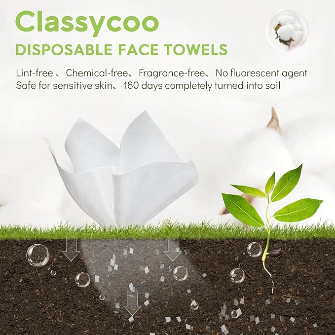 Classycoo 2 Pack Disposable Face Towel XL, 100% Cotton, Soft for Sensitive-Skin Facial Towelette Wipes Clean Washcloth, Odor-Free, Makeup Remover Cloths for Hand Dry Wipe, 12 x 10 in
