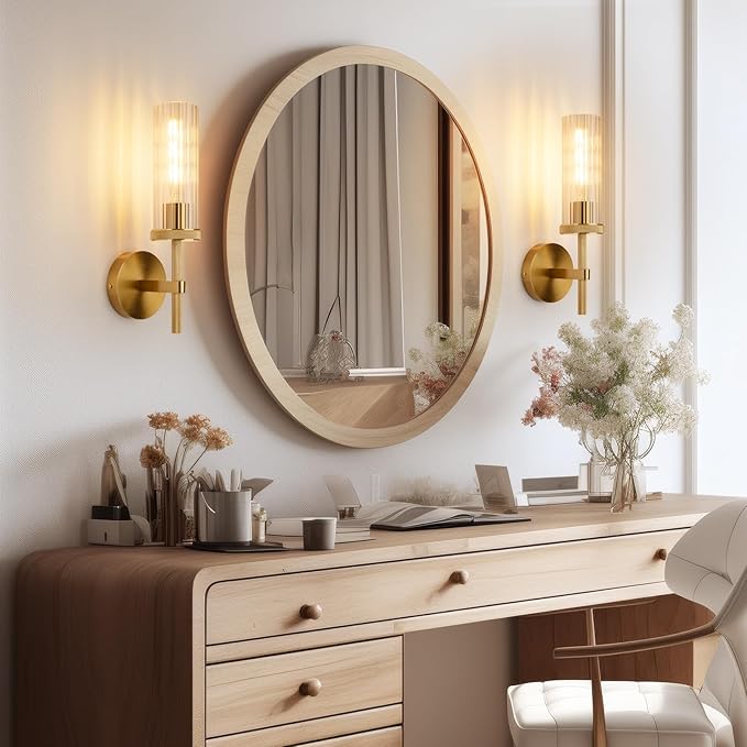 15" Knurled Gold Hardwired Wall Sconces Set of 2, Bathroom Vanity Light Fixtures with Vertical Striped Glass Tube, Modern Lamp Lighting for Bedroom, Living Room, Hallway, Staircase, Mirror, Kitchen