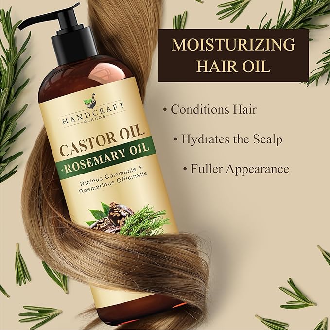 Handcraft Blends Castor Oil with Rosemary Oil 8 Fl Oz | 100% Pure and Natural | Premium Grade Carrier Oil | Hair, Eyelashes and Eyebrows | Hair and Body