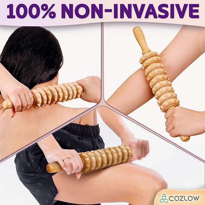 Wooden Massage Roller Stick (9 Rollers) - Curved Wood Therapy Massage Tool for Body Sculpting, Fascia Release & Lymphatic Drainage - Maderotherapy Helps Reduce Cellulite Appearance - by Cozlow