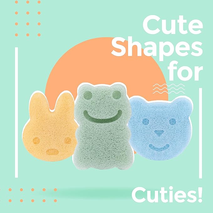 myHomeBody Konjac Baby Sponge for Bathing, Cute Shapes Natural Kids Bath loofah for Infants, Toddler, Newborns, Safe Plant-Based, 3pc. Set: Rabbit, Frog, Bear face
