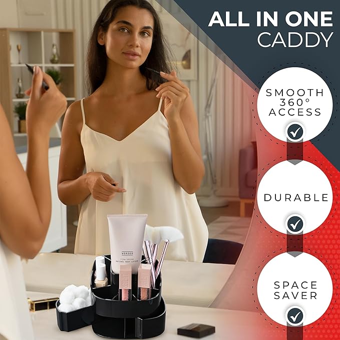 Masirs Small 360 Rotating Makeup Organizer - Mini Yet Spacious Cosmetic Storage Solution with Multiple Compartments - The Perfect Spinning Make-Up Caddy for Vanity or Bathroom Counter (Square - Black)