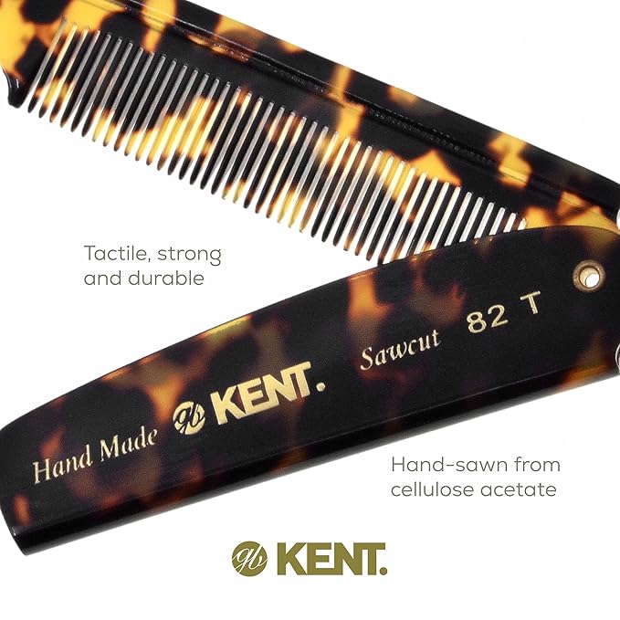 Kent 82T TY Handmade Folding Pocket Comb for Men, Fine Tooth Hair Comb Straightener for Everyday Grooming Styling Hair, Beard or Mustache, Use Dry or with Balms, Saw Cut Hand Polished, Made in England