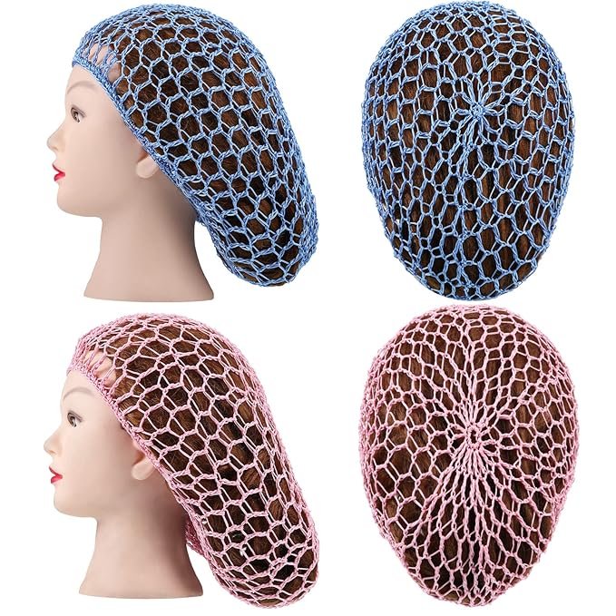Waydress 2 Pieces Mesh Hair Net Rayon Knit Snood Women Crocheted Sleep Cap (Blue, Pink)