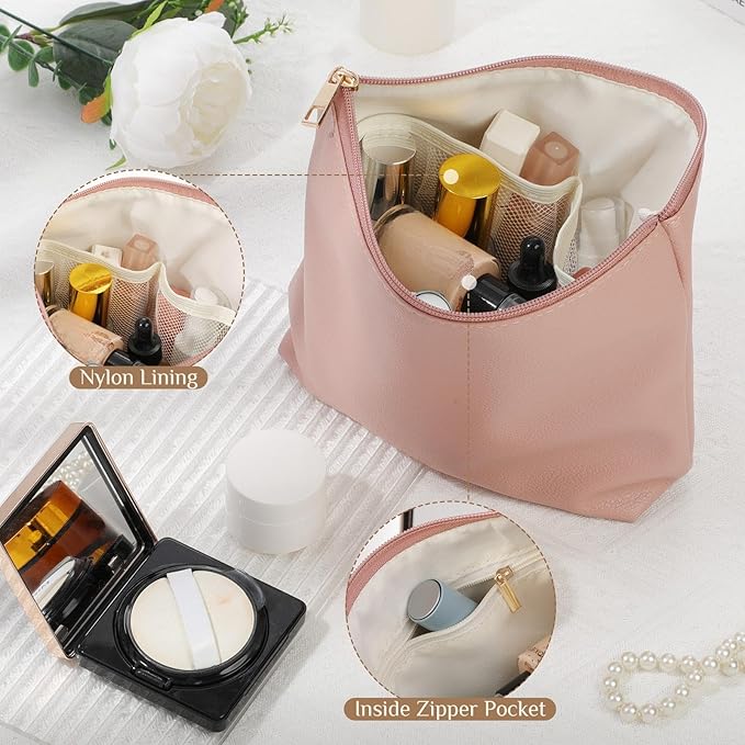 Kigeli PU Leather Makeup Bag for Women Gift Cosmetic Pouch for Purse Waterproof with PU Leather Travel Toiletry Organizer with Zipper for Women Bridesmaid Friend Gift(Nude)