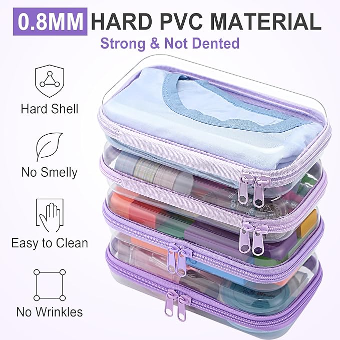 Hoolerry 4 Pcs Hard Clear Zipper Case Makeup Bags Plastic Zipper Pouch Transparent Storage Box Containers for Cosmetics, Snacks, Building Blocks, Puzzles(Clear,7.5 x 3.9 x 2 in,Purple)