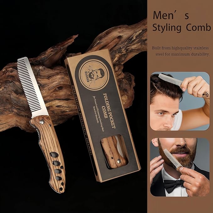 1PC Small Folding Pocket Beard & Mustache & Hair Styling Comb for Men - Metal Tactical Grooming Tool with Wooden Handle, with 180° Rotatable for Outdoor Travel & Home Use - Length 6.57inch