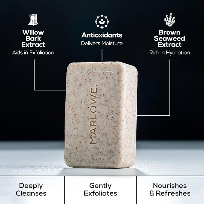 MARLOWE. No. 102 Body Scrub Soap 7 oz, Santal, Exfoliating Soap Bar with Shea Butter, Olive Oil & Green Tea Extracts, Cleanses, Smooths & Revitalizes Skin, Warm Amber, Spice & Citron Scent