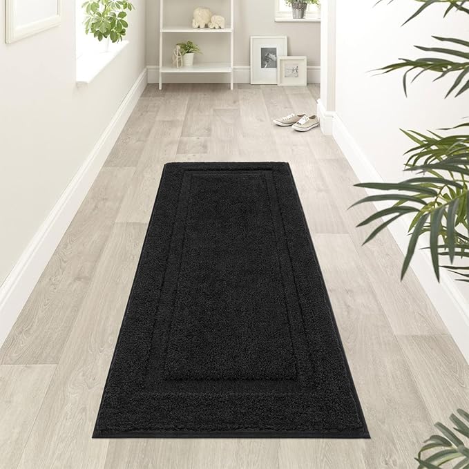 SHACOS Super Soft Black Bathroom Runner Rugs Set of 2 Pieces 47x20 + 32x20 inch Non Slip Washable Bath Mats Fluffy Absorbent Bath Rugs for Bathroom Shower Tub