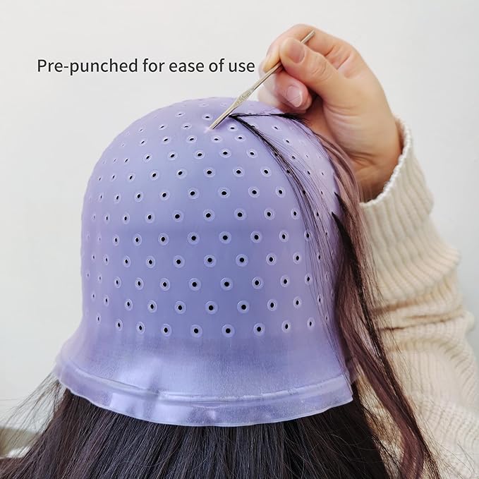 Losaria 12 Pcs Hair Highlighting Kit Highlighting Cap with Holes Pre Punched Hair Frosting Cap DIY Beauty Salon Hair Bleaching Tools Kit Dye Cap Dye Brush Dying Comb Gloves Ear Covers Hair Clips