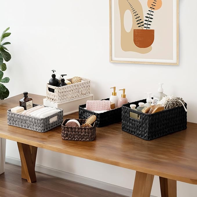 GRANNY SAYS Wicker Baskets for Storage, Wicker Storage Basket for Organizing, Large Woven Baskets, Waterproof Basket for Vanity, Home Decor, Black, 3-Pack