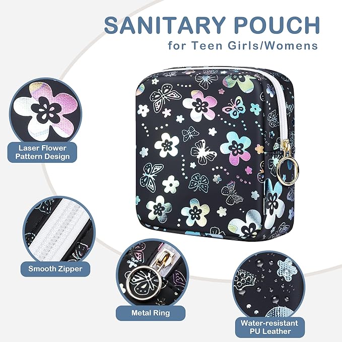 Period Bag Pouch, Leather Sanitary Napkin Storage Bag for Girls Womens, Portable Sanitary Napkin Period Pad Pouch Bag for Purse, Small Make Up Bags(Flower Butterflies)